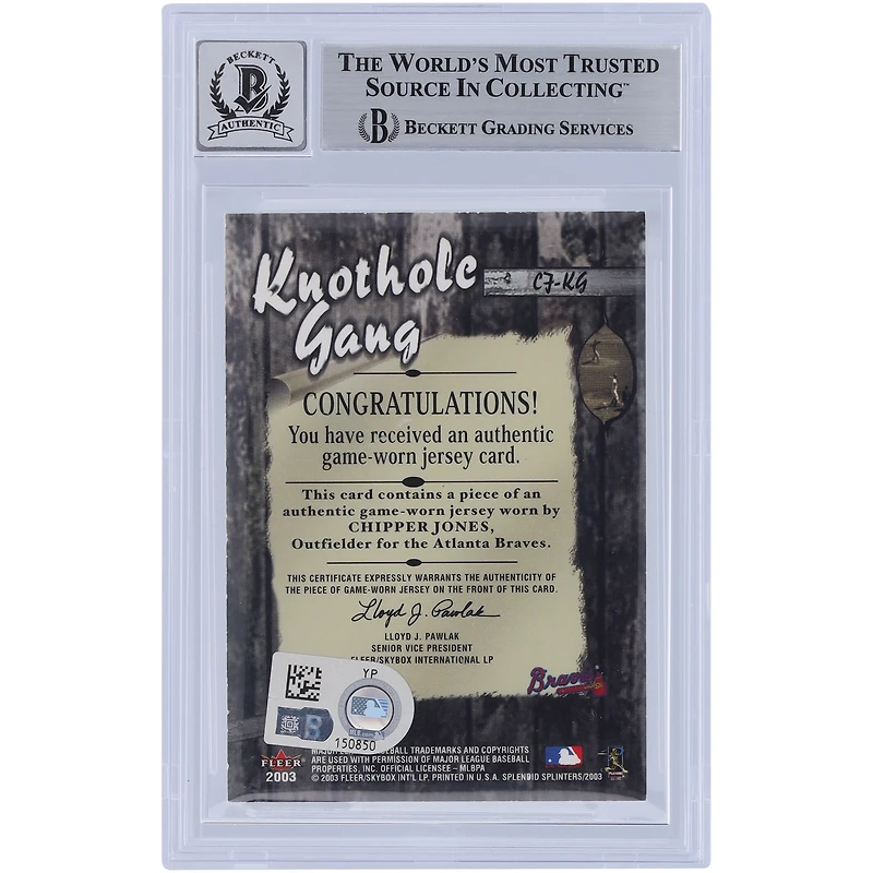 Chipper Jones Atlanta Braves Autographié 2003 Fleer Splended Splinters Knothole Gang Relic #CJ-KG Beckett Fanatics Witnessed Authenticated 10 Card
