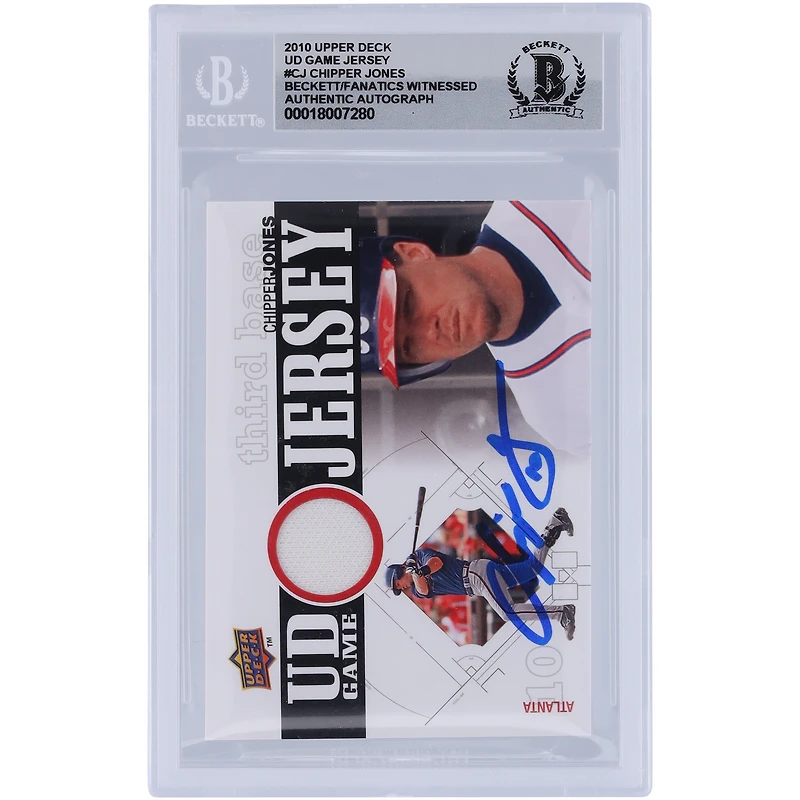 Maillot de match Upper Deck autographié par Chipper Jones des Atlanta Braves 2010, relique blanche #UDGJ-CJ Beckett, carte 10 authentifiée et témoin des fanatiques