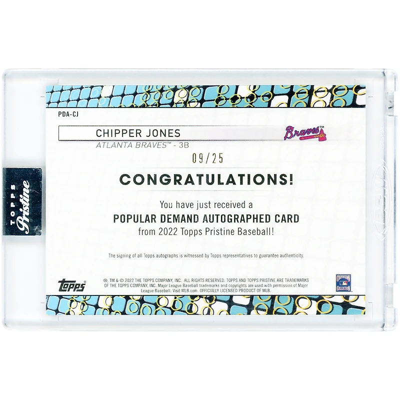 Carte autographiée Chipper Jones des Braves d'Atlanta 2022 Topps Pristine Popular Demand #PDA-CJ #9/25