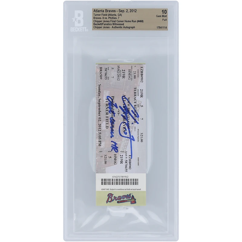 Chipper Jones, dernier coup de circuit en carrière autographié par les Braves d'Atlanta. Les fans de Beckett ont été témoins d'un billet authentifié de 10 $ du 2 septembre 2012 avec l'inscription « Dernier coup de circuit en carrière ».