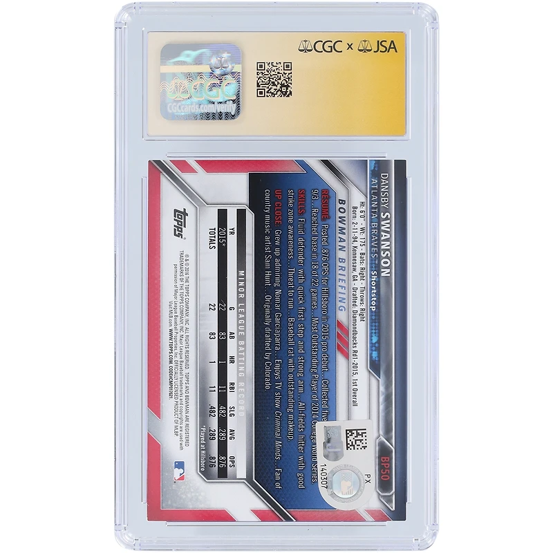 Dansby Swanson Atlanta Braves Autographed 2016 Bowman Prospects #BP50 CGC Fanatics Witnessed Authenticated 9/10 Card