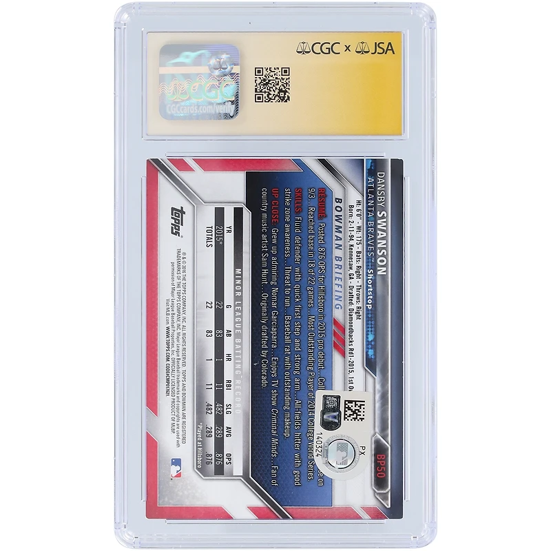 Carte autographiée 2016 Bowman Prospects jaune #BP50 de Dansby Swanson Atlanta Braves, carte autographe authentifiée CGC Fanatics Witnessed Auto 10