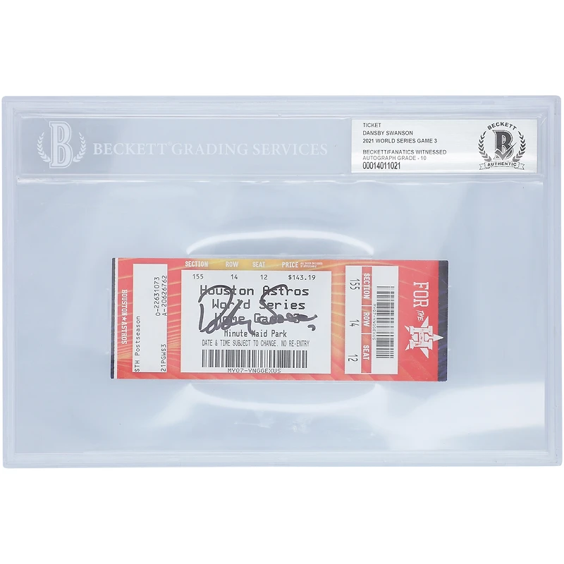 Dansby Swanson Atlanta Braves Autographed 2021 World Series Game 3 BAS Authenticated 10 Ticket