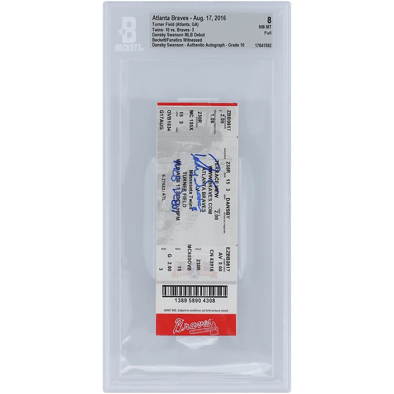 Dansby Swanson Atlanta Braves Autographed MLB Debut Beckett Fanatics Witnessed Authenticated 8/10 Ticket from August 17, 2016 with "MLB Debut" Inscription