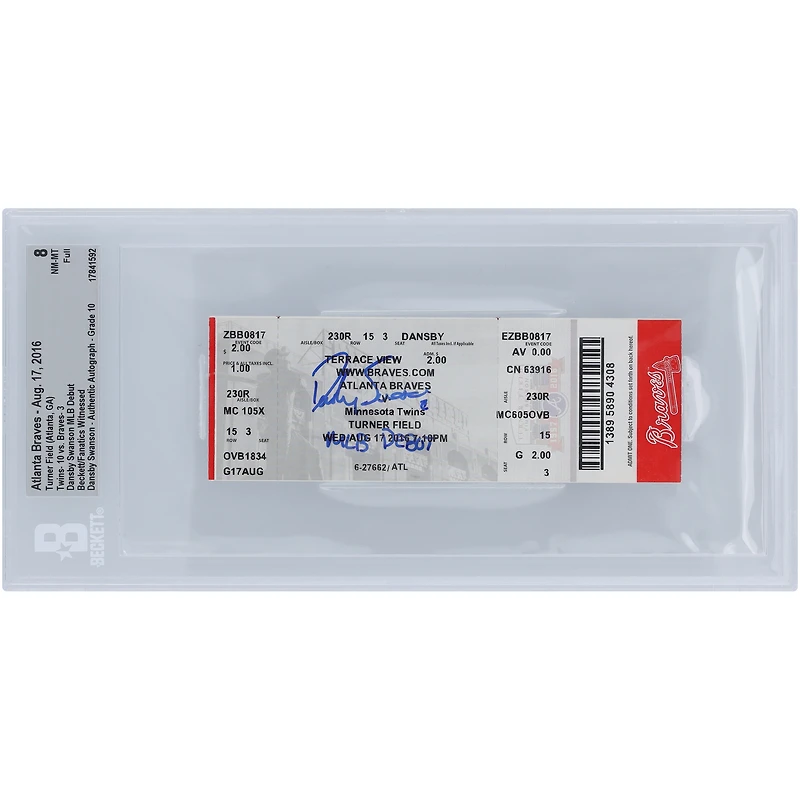 Dansby Swanson Atlanta Braves MLB Debut Beckett Fanatics Witnessed Authenticated /10 Ticket from August 17