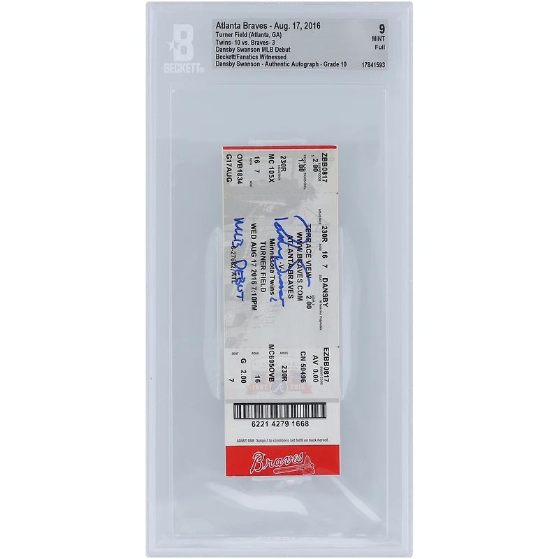 Dansby Swanson Atlanta Braves MLB Debut Beckett Fanatics Witnessed Authenticated 9/10 Ticket from August 17, 2016 with "MLB Debut" Inscription