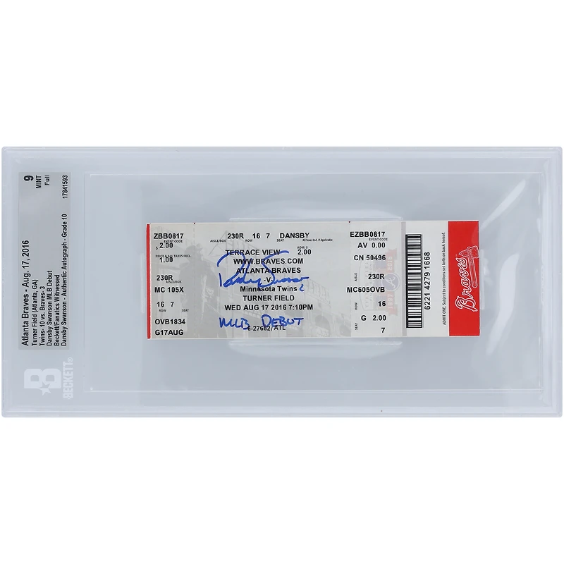 Dansby Swanson Atlanta Braves MLB Debut Beckett Fanatics Witnessed Authenticated 9/10 Ticket from August 17, 2016 with "MLB Debut" Inscription