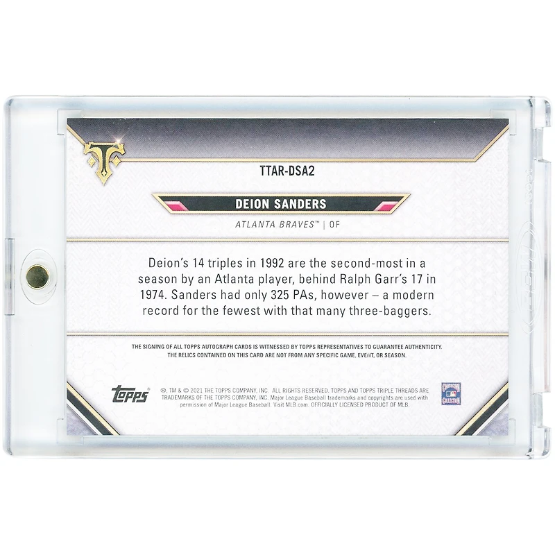 Carte autographiée de Deion Sanders (Atlanta Braves) 2021 Topps Triple Threads Multi Game-Used Relics Gold #TTAR-DSA2 #9/9