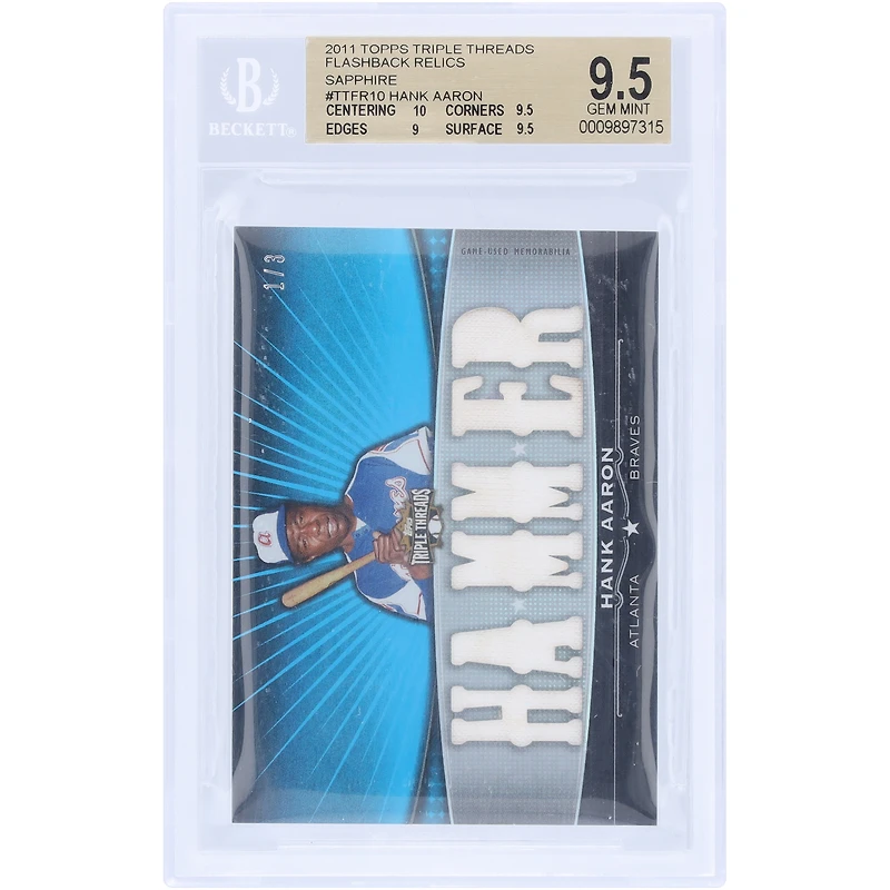 V106832 BRAVES Hank Aaron Atlanta Braves 2011 Topps Triple Threads Multi Game Used Relics #TTFR-10 #1/3 BGS Authentifié 9.5 Carte - 10,9.5,9,9.5 Sous-grades Hank Aaron UNS TPP CARTES À COLLECTIONNER 45846 COLTRC CG01BB1020 #175