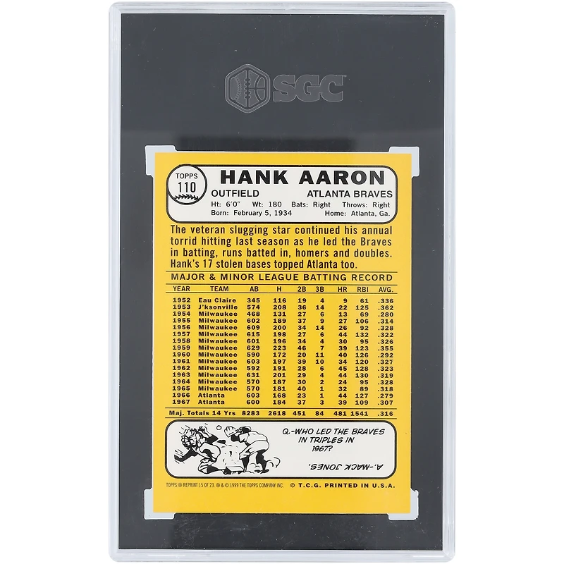 Hank Aaron Atlanta Braves Autographié 2000 Topps Réimpression Autographiée #15 SGC Authentifié 9 Carte