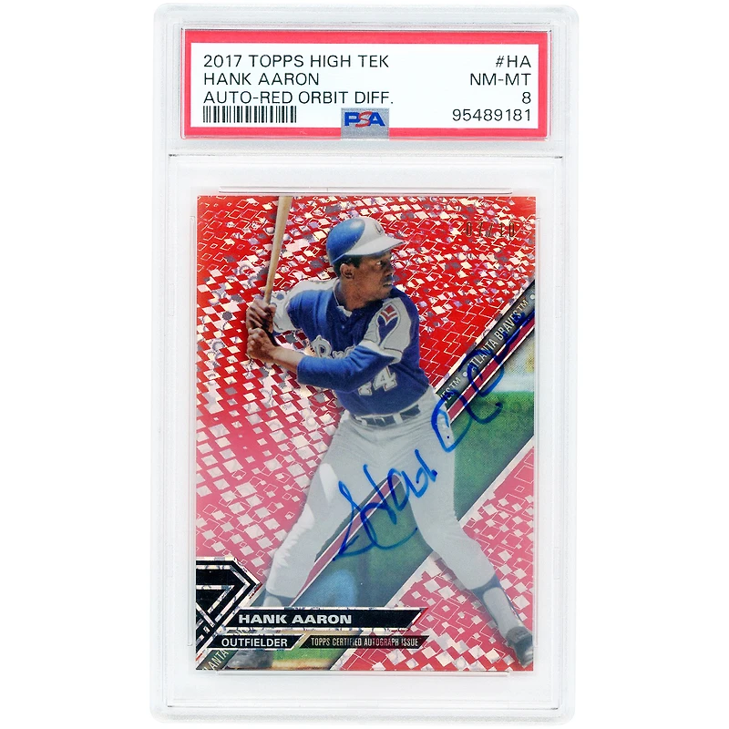 Carte autographiée par Hank Aaron (Atlanta Braves) de la collection Topps High Tek Red Orbit Diffract 2017 (#HT-HA #7/10), authentifiée par PSA (n° 8).