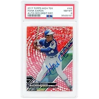 Carte autographiée par Hank Aaron (Atlanta Braves) de la collection Topps High Tek Red Orbit Diffract 2017 (#HT-HA #7/10), authentifiée par PSA (n° 8).