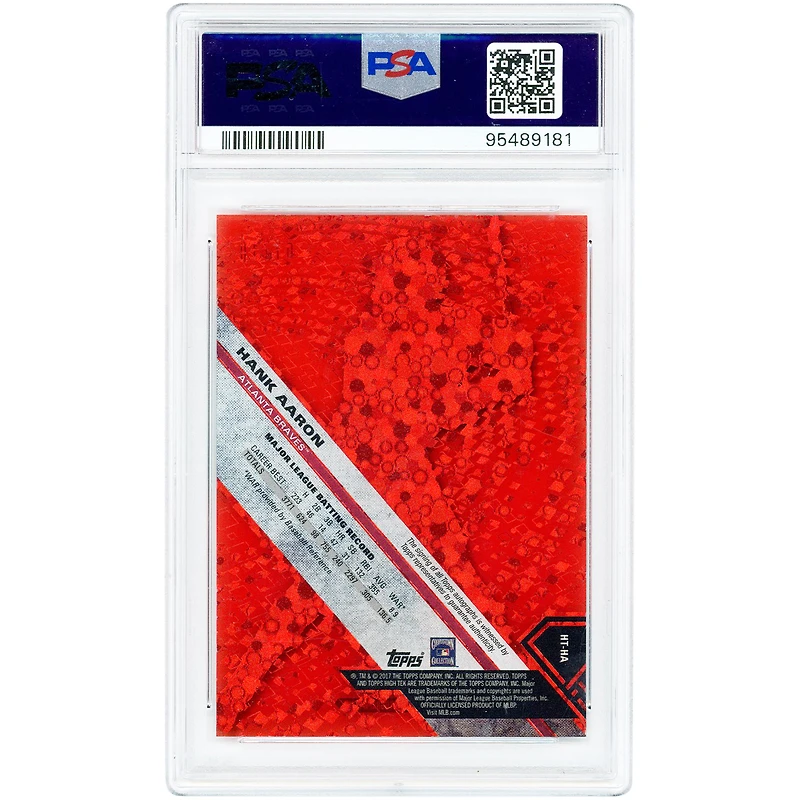 Carte autographiée par Hank Aaron (Atlanta Braves) de la collection Topps High Tek Red Orbit Diffract 2017 (#HT-HA #7/10), authentifiée par PSA (n° 8).