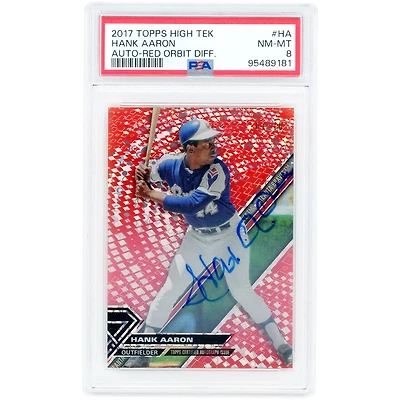 Carte autographiée par Hank Aaron (Atlanta Braves) de la collection Topps High Tek Red Orbit Diffract 2017 (#HT-HA #7/10), authentifiée par PSA (n° 8).