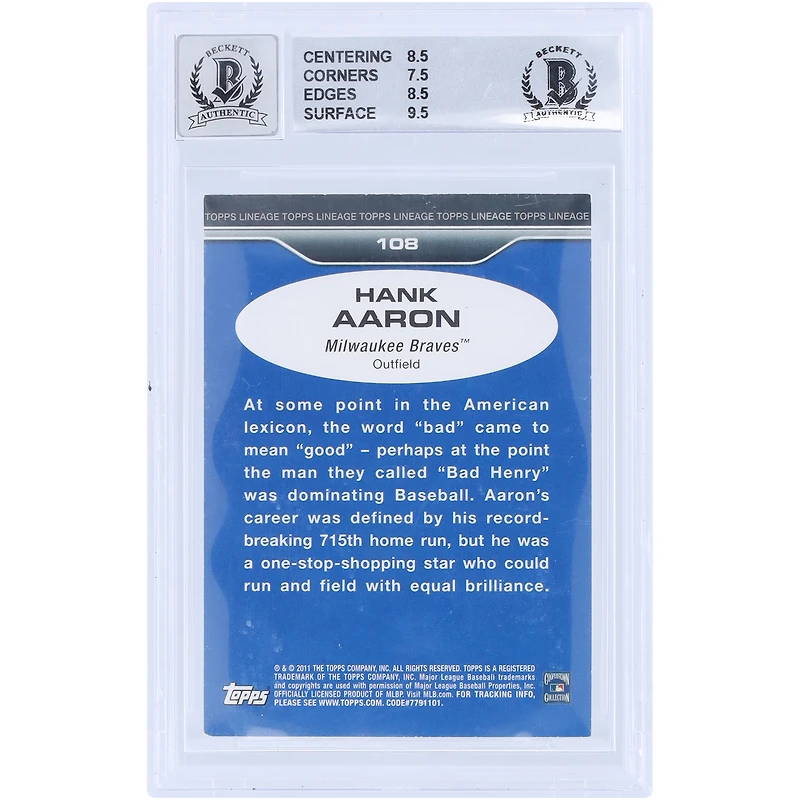 Carte autographiée de Hank Aaron (Atlanta Braves), série Topps Archives Signature 2018, Topps Lineage n° 108, n° 1/1, authentifiée BGS 8/9 - Sous-notes : 8,5, 7,5, 8,5, 9,5