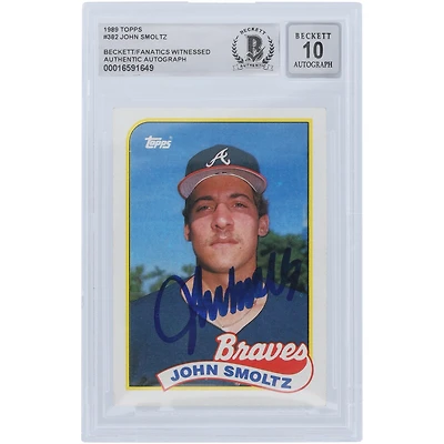 Carte de recrue numéro 10 autographiée par John Smoltz des Atlanta Braves en 1989 Topps #382 Beckett Fanatics Witnessed Authenticated