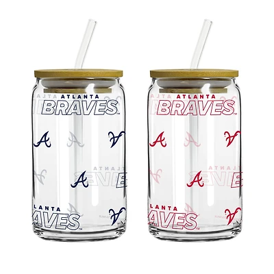 Logo Brands Atlanta Braves 16oz. Step And Repeat Glass Can with Lid & Straw 2-Pack