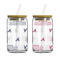 Logo Brands Atlanta Braves 16oz. Step And Repeat Glass Can with Lid & Straw 2-Pack
