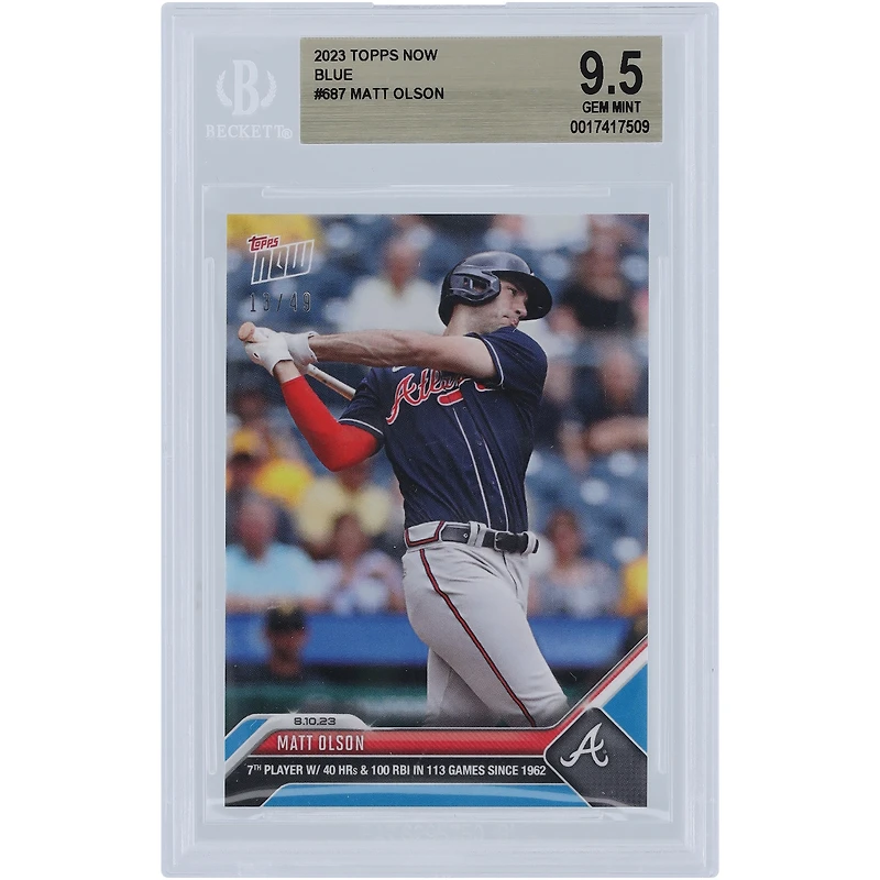 Matt Olson Atlanta Braves 2023 Topps Now Blue 7th Player with 40 HR & 100 RBI in 113 Games #687 #/49 BGS Authenticated 9.5 Card 