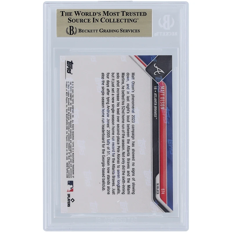 Matt Olson Atlanta Braves 2023 Topps Now Sets Braves Single Season Record with 52 HR #874 BGS Authenticated 9.5 Card 