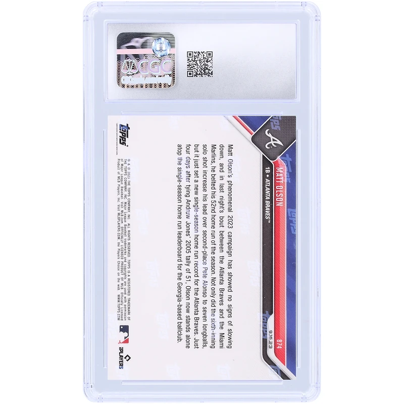 V106832 BRAVES Matt Olson Atlanta Braves 2023 Topps établit désormais un record de saison unique pour les Braves avec 52e HR #874 CGC Carte authentifiée 9.5 Matt Olson UNS TPP CARTES À ÉCHANGER 45664 COLTRC CC01BB1565 #105