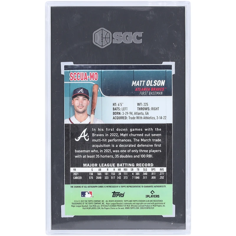 Carte autographiée 2022 Topps Stadium Club Chrome #SCCUA-MO SGC authentifiée 9,5/10 par Matt Olson des Braves d'Atlanta