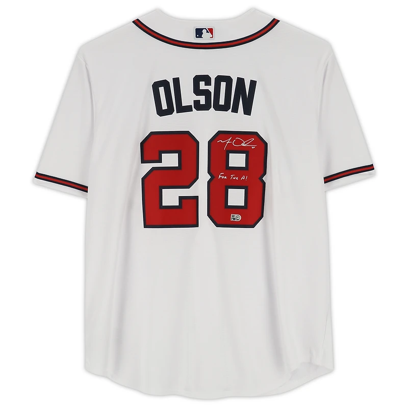 Maillot réplique blanc Nike autographié par Matt Olson des Braves d'Atlanta avec inscription « Pour les Braves ! »