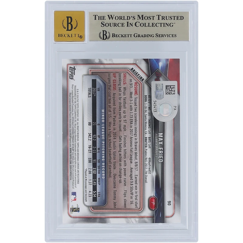 Max Fried Atlanta Braves Autographed 2018 Bowman #90 Beckett Fanatics Witnessed Authenticated /10 Rookie Card