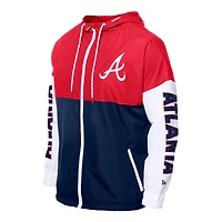 Coupe-vent à capuche entièrement zippé New Era bleu marine/rouge Atlanta Braves pour homme