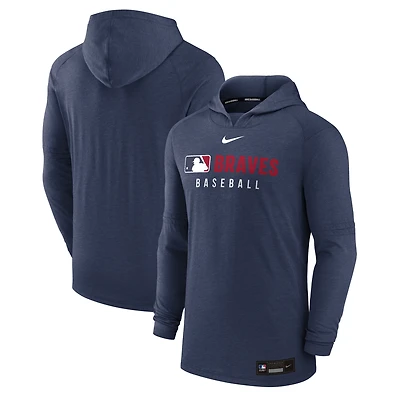 Men's Nike  Heather Navy Atlanta Braves Authentic Collection Tri-Blend Performance Pullover Hoodie