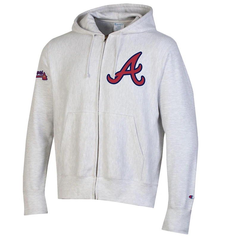Men's Champion  Gray Atlanta Braves Reverse Weave Chenille Full-Zip Hoodie