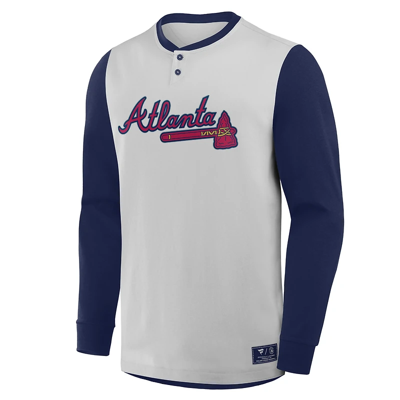Men's Fanatics Gray/Navy Atlanta Braves Clubhouse Long Sleeve Henley Shirt