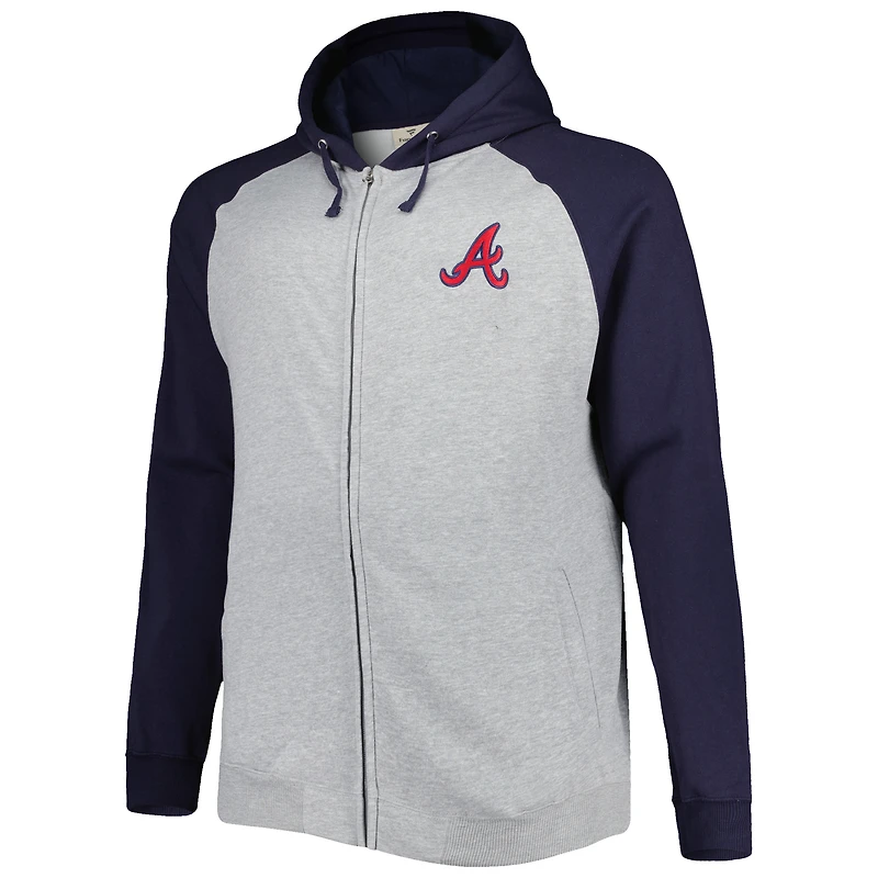Men's Heather Gray/Navy Atlanta Braves Big & Tall Raglan Hoodie Full-Zip Sweatshirt