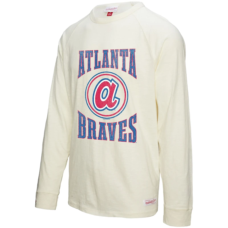 Men's Mitchell & Ness Cream Atlanta Braves Arched Logo Slub Long Sleeve T-Shirt