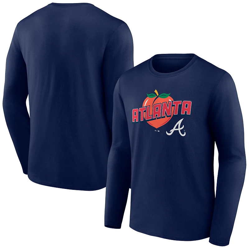 Men's Navy Atlanta Braves Peach Long Sleeve T-Shirt