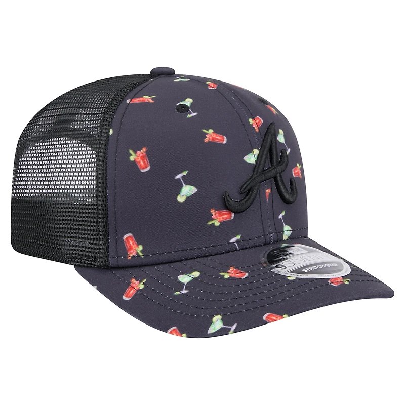 Men's New Era Black Atlanta Braves Adventure Drinks Pattern 9SEVENTY Stretch-Snap Hat