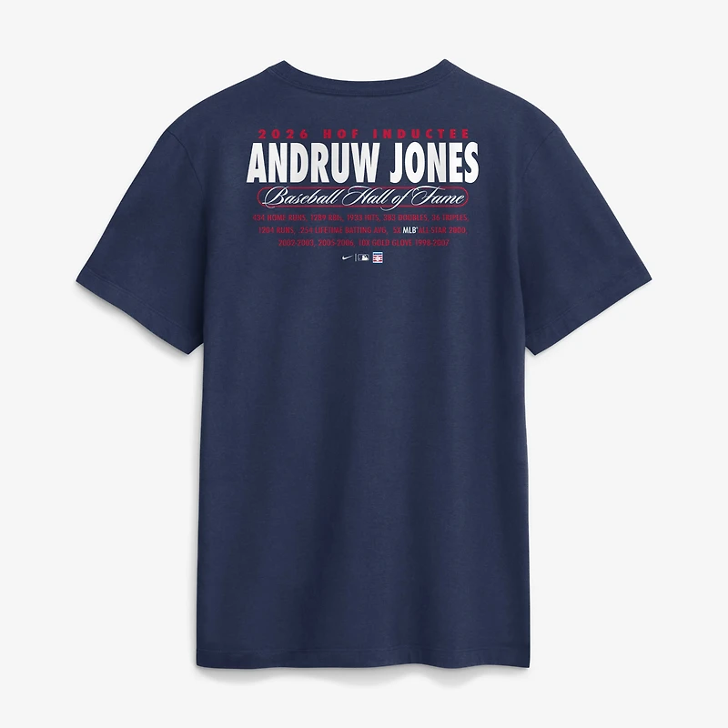 T-shirt Nike pour homme, bleu marine, Andruw Jones, Atlanta Braves, intronisé au Hall of Fame en 2026 (statistiques, nom et numéro)