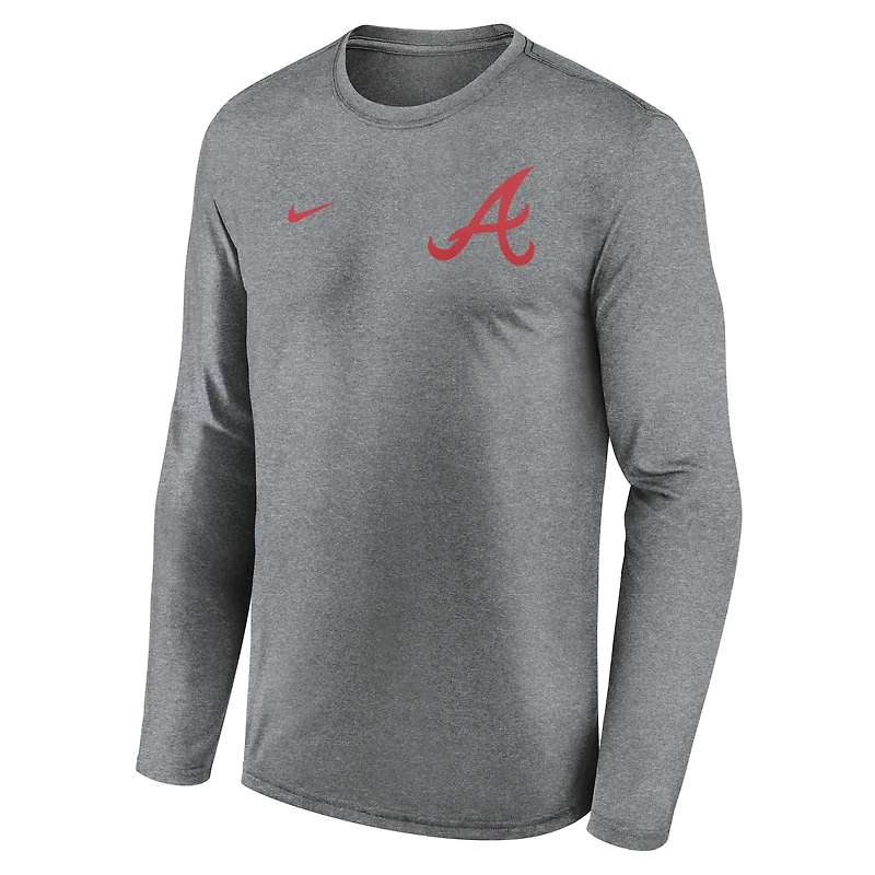 T-shirt Nike à manches longues pour homme, couleur charbon chiné, Atlanta Braves, 2-Hit Legend Performance