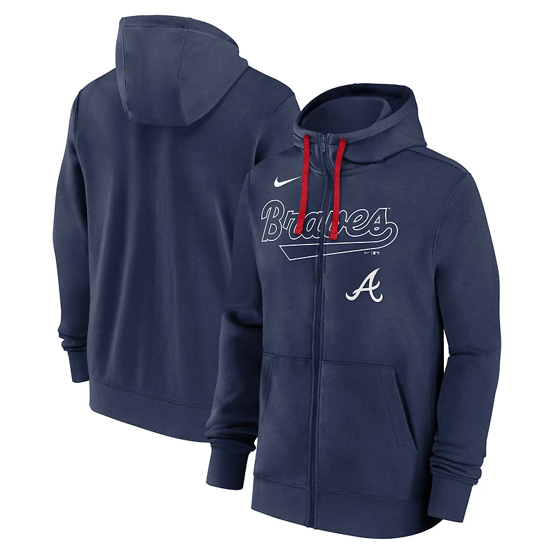 Sweat à capuche entièrement zippé Nike Atlanta Braves Knockout Script bleu marine pour homme
