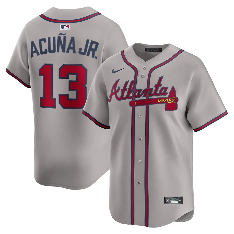 Maillot Nike Ronald Acuña Jr. pour homme, gris, Atlanta Braves Road Limited, joueur