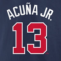 Sweat à capuche Nike Ronald Acuña Jr. bleu marine pour homme, avec nom et numéro du joueur des Braves d'Atlanta.