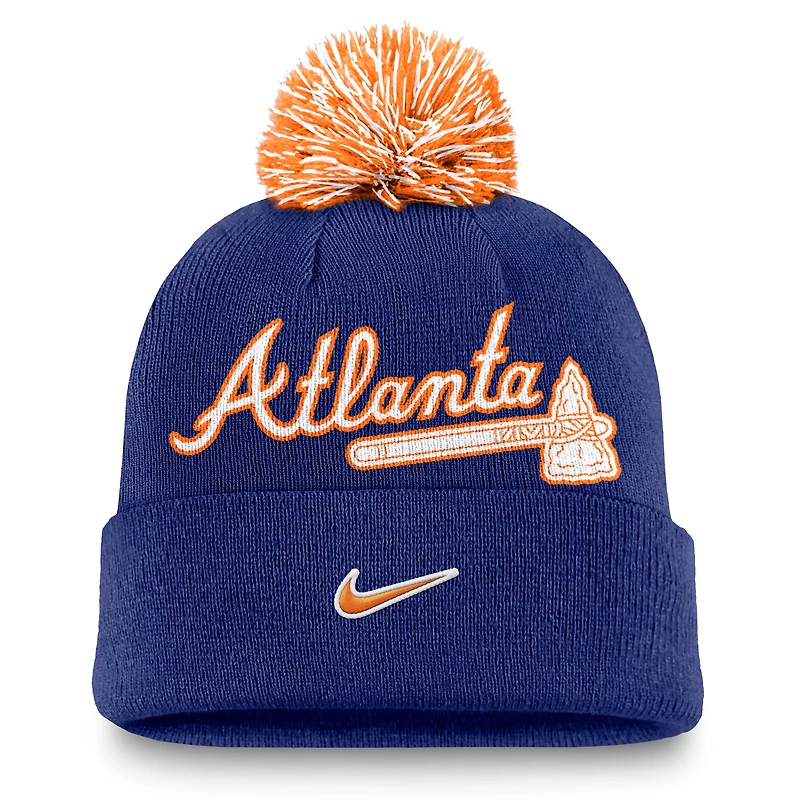 Bonnet à revers Nike Royal Atlanta Braves Peak pour homme avec pompon