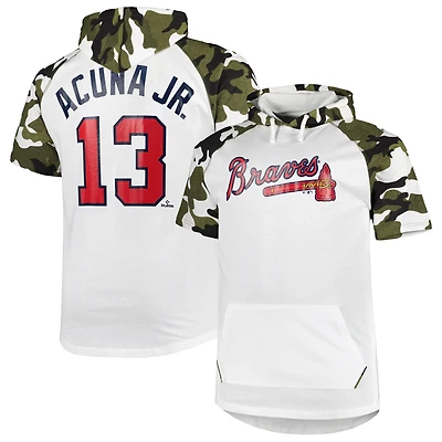 T-shirt à capuche raglan blanc/camouflage Ronald Acuna Jr. pour homme, grandes tailles, joueur des Braves d'Atlanta