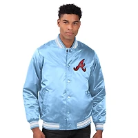 Veste universitaire en satin bleu clair Starter pour homme des Braves d'Atlanta, avec boutons-pression sur toute la longueur