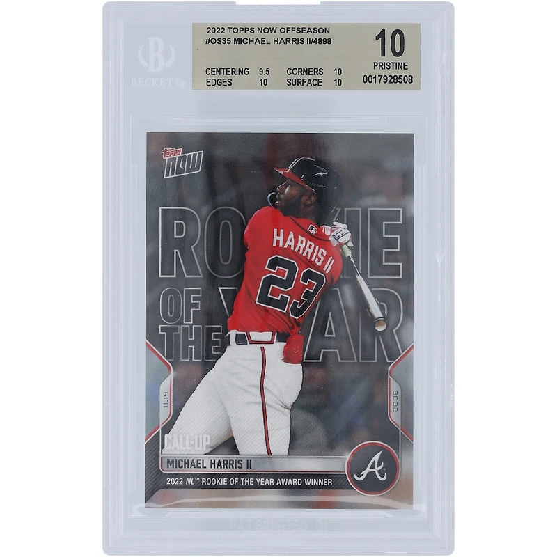 Michael Harris Atlanta Braves 2022 Topps maintenant lauréat du prix de recrue de l'année 2022 de la Ligue nationale 14/11/2022 #OS-35 BGS Carte authentifiée 10 - Sous-grades 9.5,10,10,10