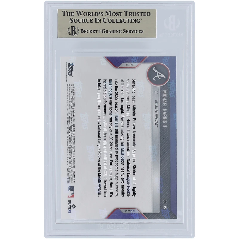 Michael Harris Atlanta Braves 2022 Topps maintenant lauréat du prix de recrue de l'année 2022 de la Ligue nationale 14/11/2022 #OS-35 BGS Carte authentifiée 10 - Sous-grades 9.5,10,10,10