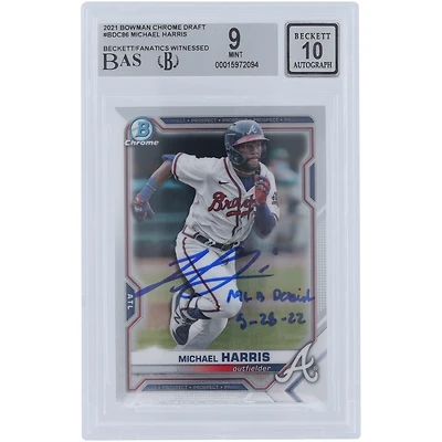 Carte autographiée 9/10 authentifiée 2021 Bowman Draft Chrome #BDC-86 de Michael Harris II Atlanta Braves avec l'inscription « MLB Debut 5-28-22 » et les fanatiques de Beckett ont été témoins