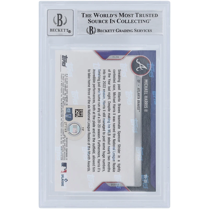 Carte autographiée 9/10 authentifiée 2022 Topps Offseason #OS-35 Beckett Fanatics Witnessed avec l'inscription "22 NL ROY" de Michael Harris II Atlanta Braves