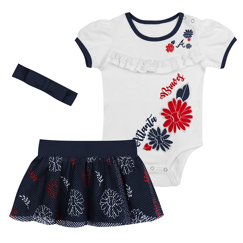 Newborn White/Navy Atlanta Braves Sweet Catcher 3-Piece Bodysuit, Headband and Skirt Set