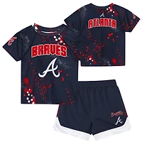 Ensemble T-shirt et short Outerstuff bleu marine Atlanta Braves Pinch Hitter Infielder pour enfants d'âge préscolaire